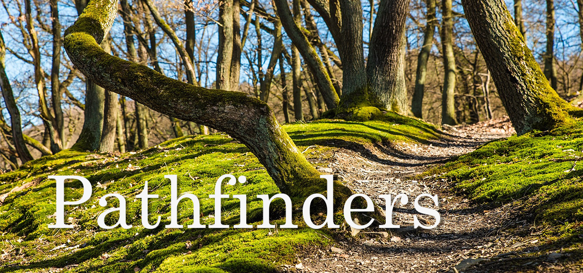 Pathfinders text reads Pathfinders. Image of a woodsy path